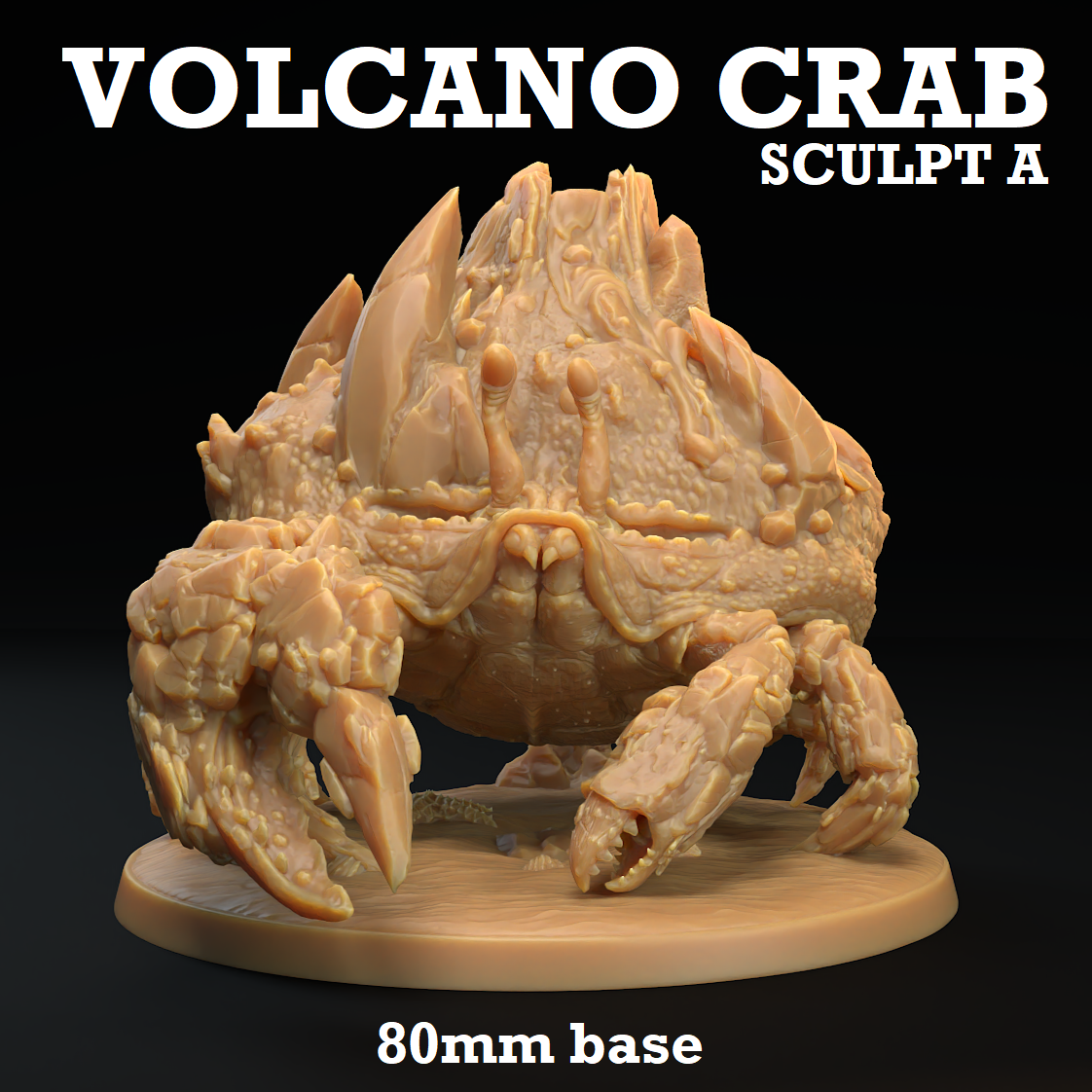 Image shows a 3D render of a crab gaming miniature whose shell is a volcano
