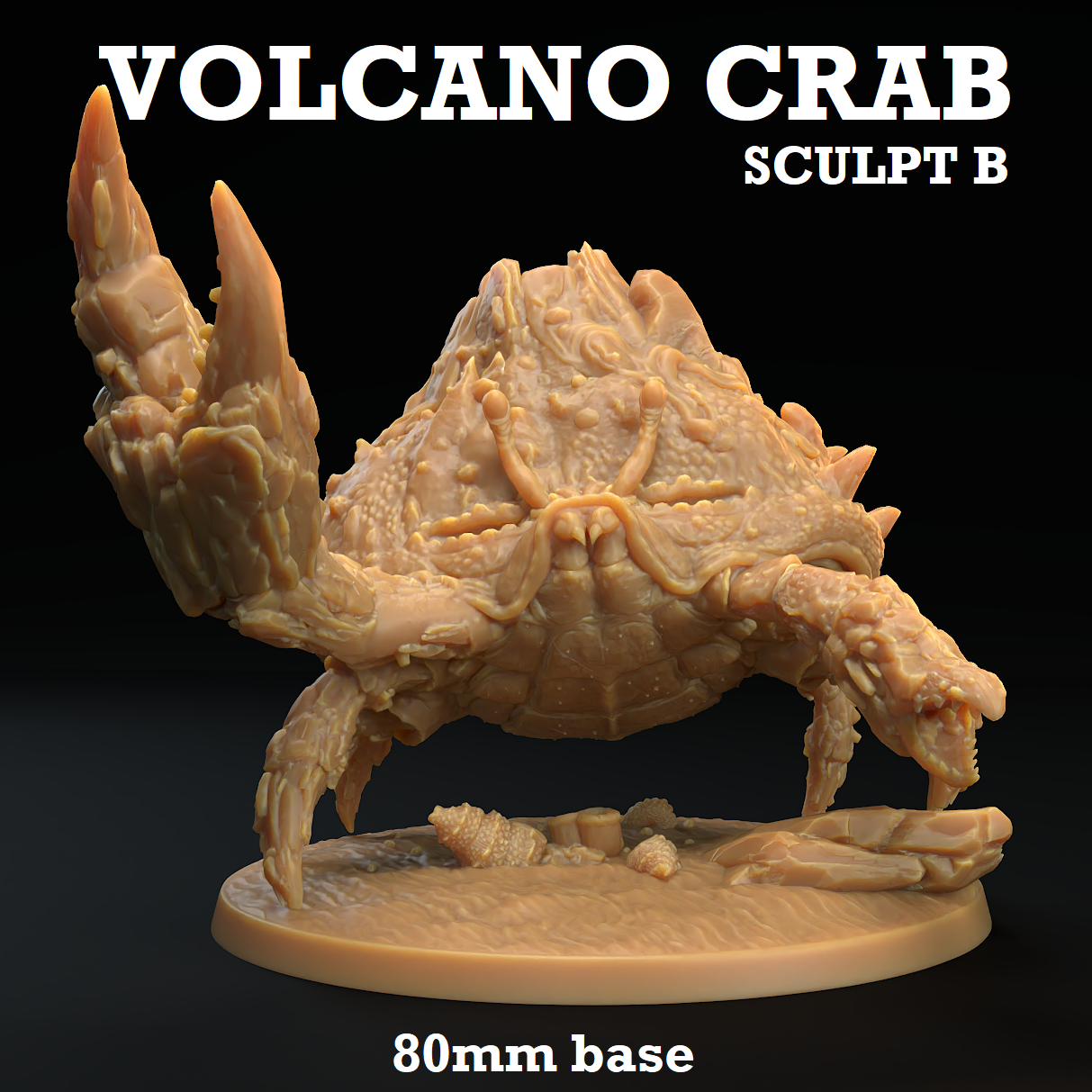 Image shows a 3D render of a crab gaming miniature whose shell is a volcano