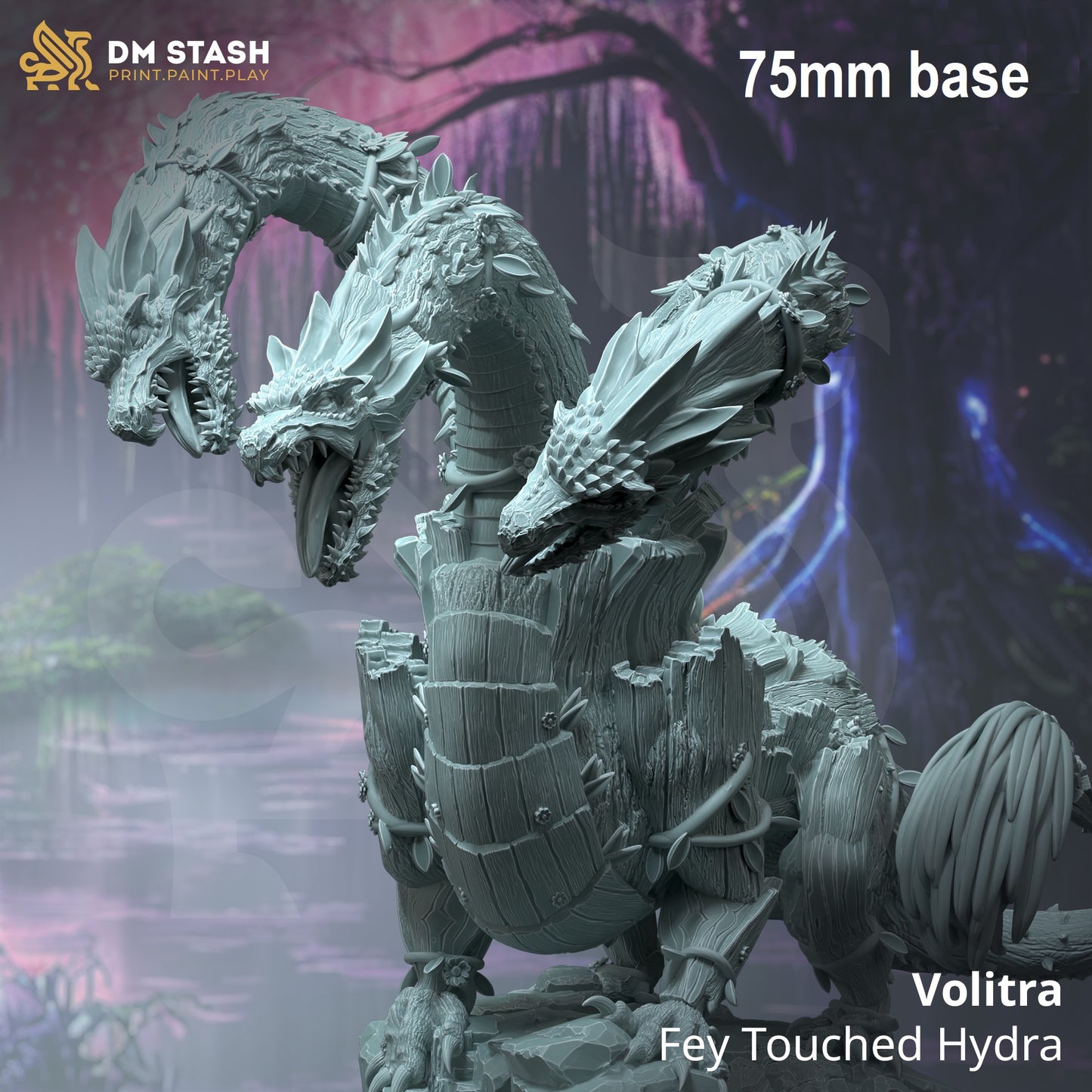 Image shows a 3D render of a hydra gaming miniature covered in wood armor and flowers