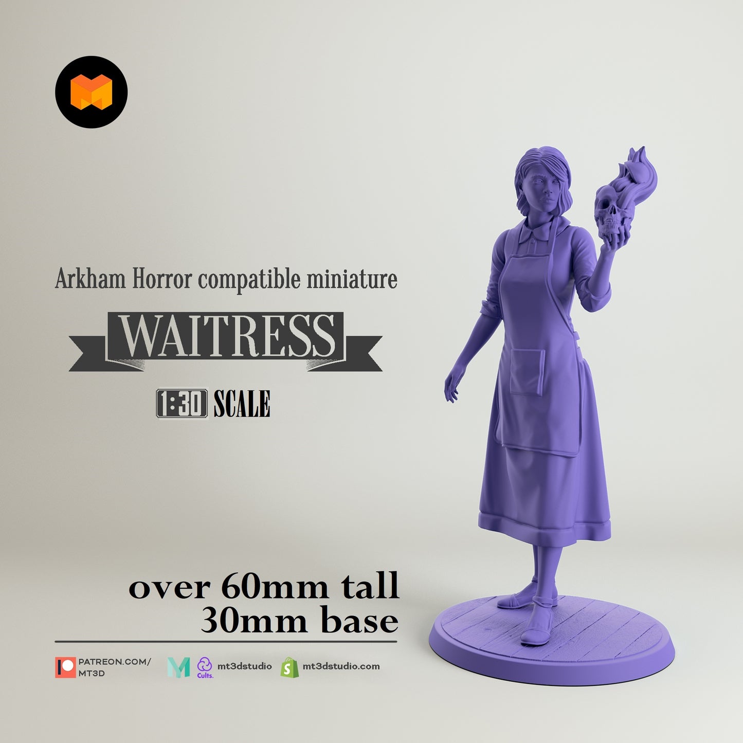 Image shows a 3D render of a 1920s-era waitress gaming miniature holding a flaming skull