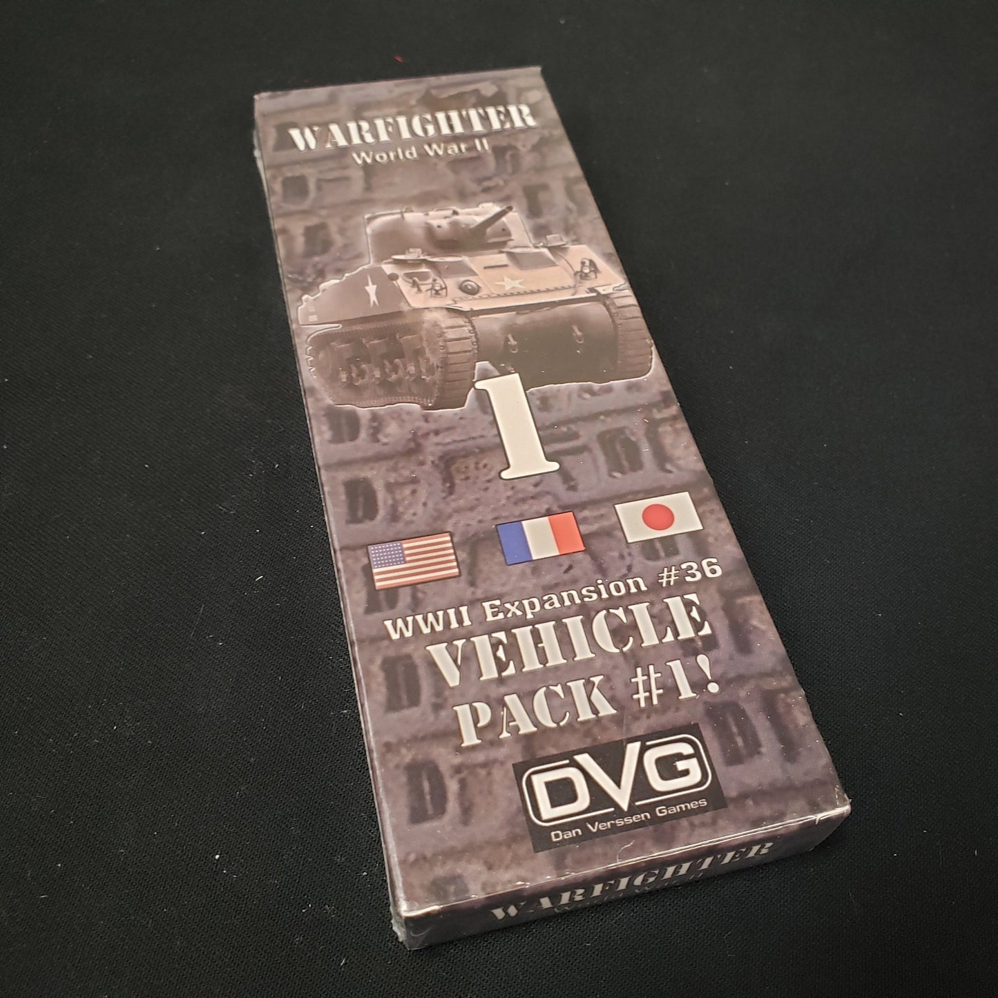 Image shows the front of the package for the Vehicle Pack #1 Expansion Pack for the Warfighter: WWII card game