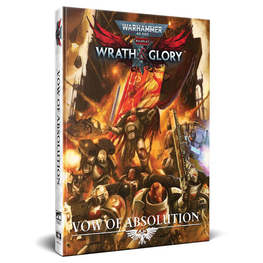 Image shows the front cover of the Vow of Absolution book for the roleplaying game Warhammer 40K Roleplay: Wrath & Glory