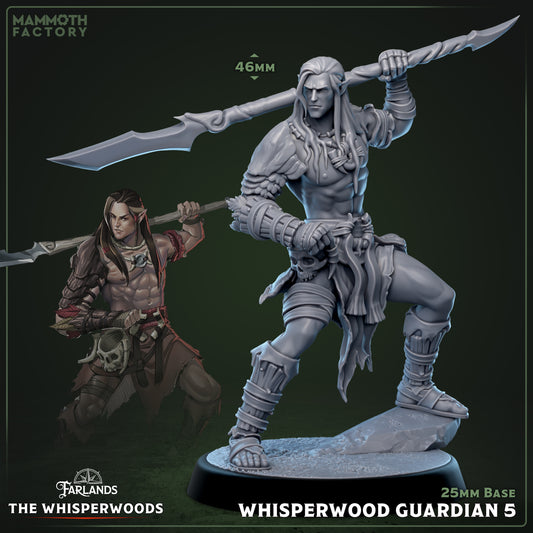 Image shows a 3D render of a wood elf fighter gaming miniature.