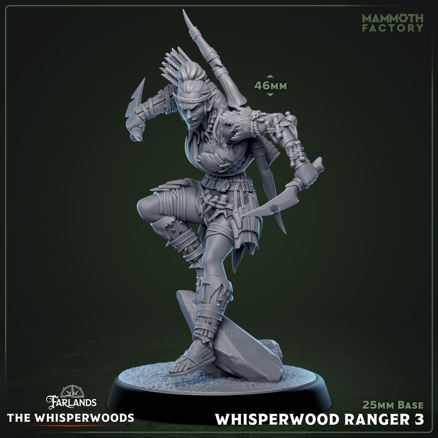 Image shows a 3D render of a wood elf ranger gaming miniature.