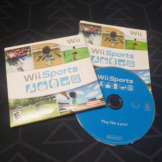Image shows the case, manual and game disc for the video game Wii Sports for Nintendo Wii