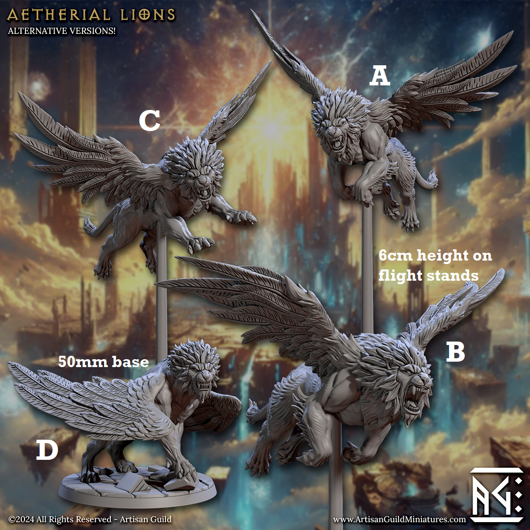 Image shows 3D renders of four different sculpt options for a winged lion gaming miniature