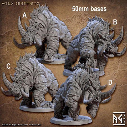 Image shows a 3D render of two options for a wild behemot gaming miniature in various poses