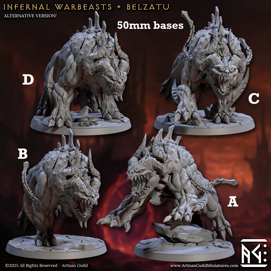 Image shows 3D renders for four different sculpt options of a wild demon-dog warbeast gaming miniature.