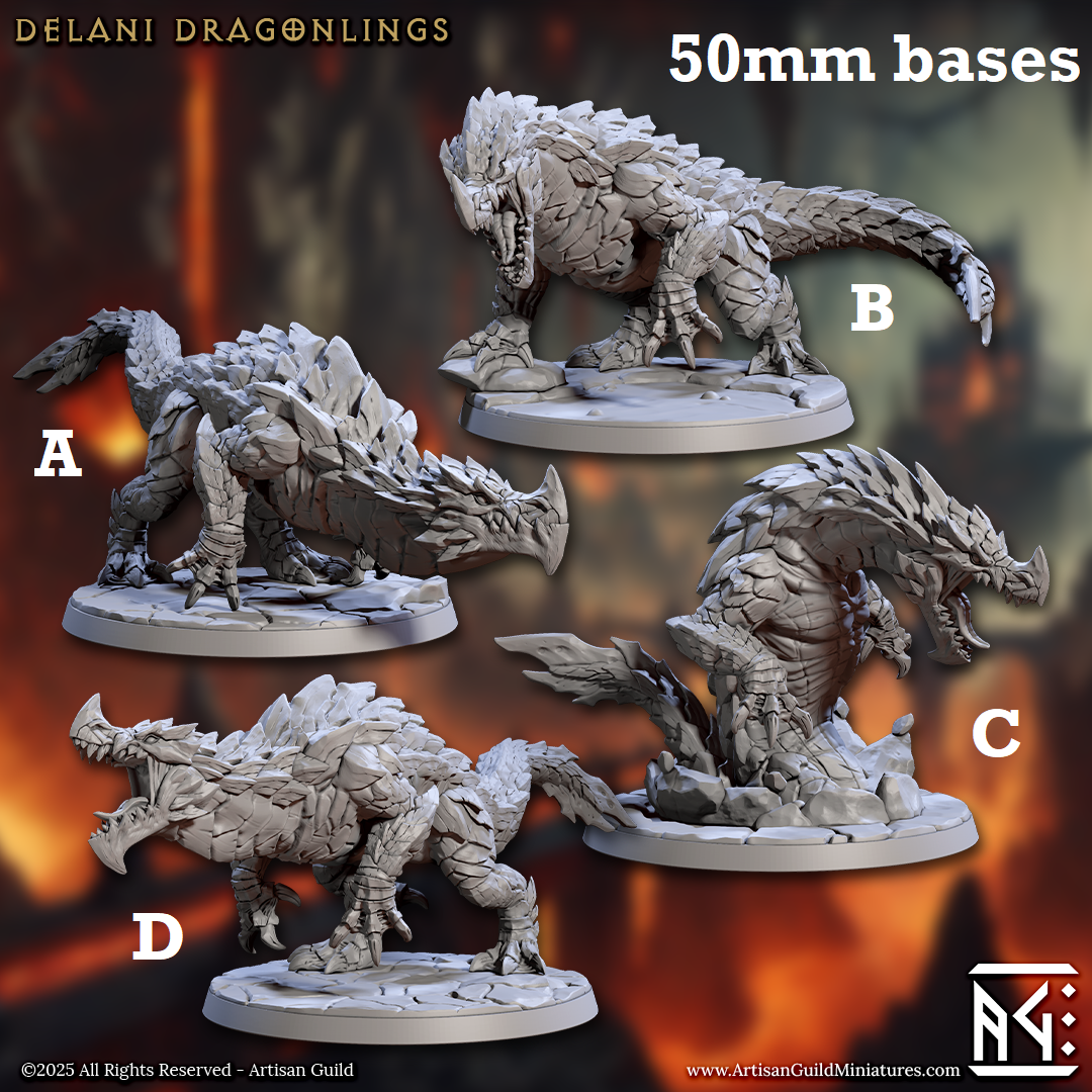 Image shows 3D renders for four different sculpt options of a wingless dragonling gaming miniature.