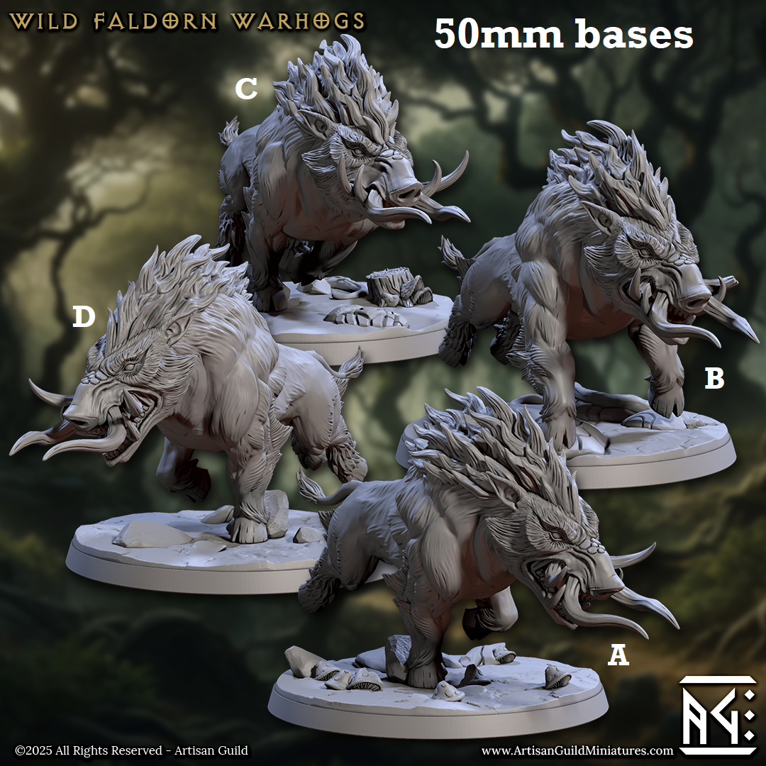 Image shows 3D renders for four different sculpt options for a wild boar gaming miniature