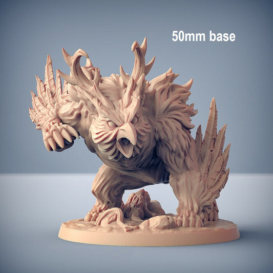 Image shows an 3D render of an owlbear gaming miniature in a charging pose