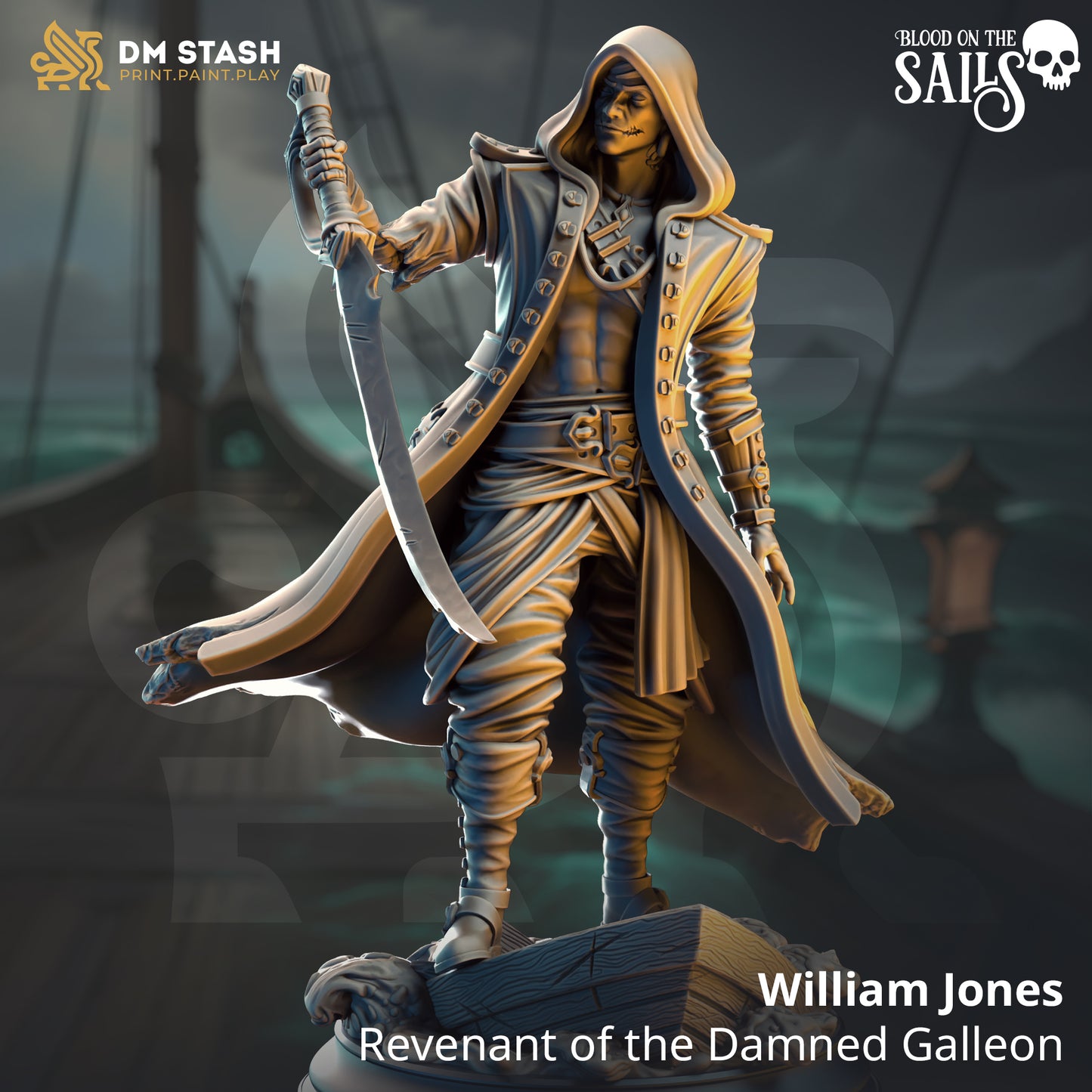 Image shows a 3D render of a undead pirate gaming miniature.
