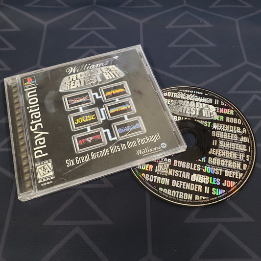 Image shows the jewel case with manual and disc for the video game Williams Arcade's Greatest Hits for Playstation 1