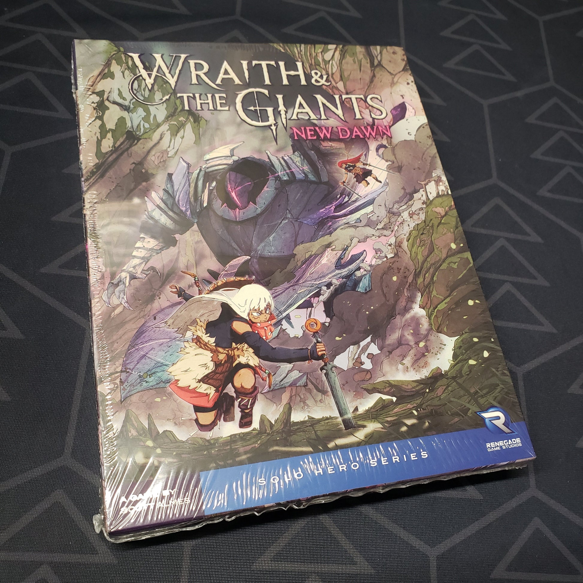 Image shows the front cover of the box of the New Dawn expansion for the board game Wraith & the Giants