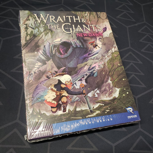 Image shows the front cover of the box of the New Dawn expansion for the board game Wraith & the Giants
