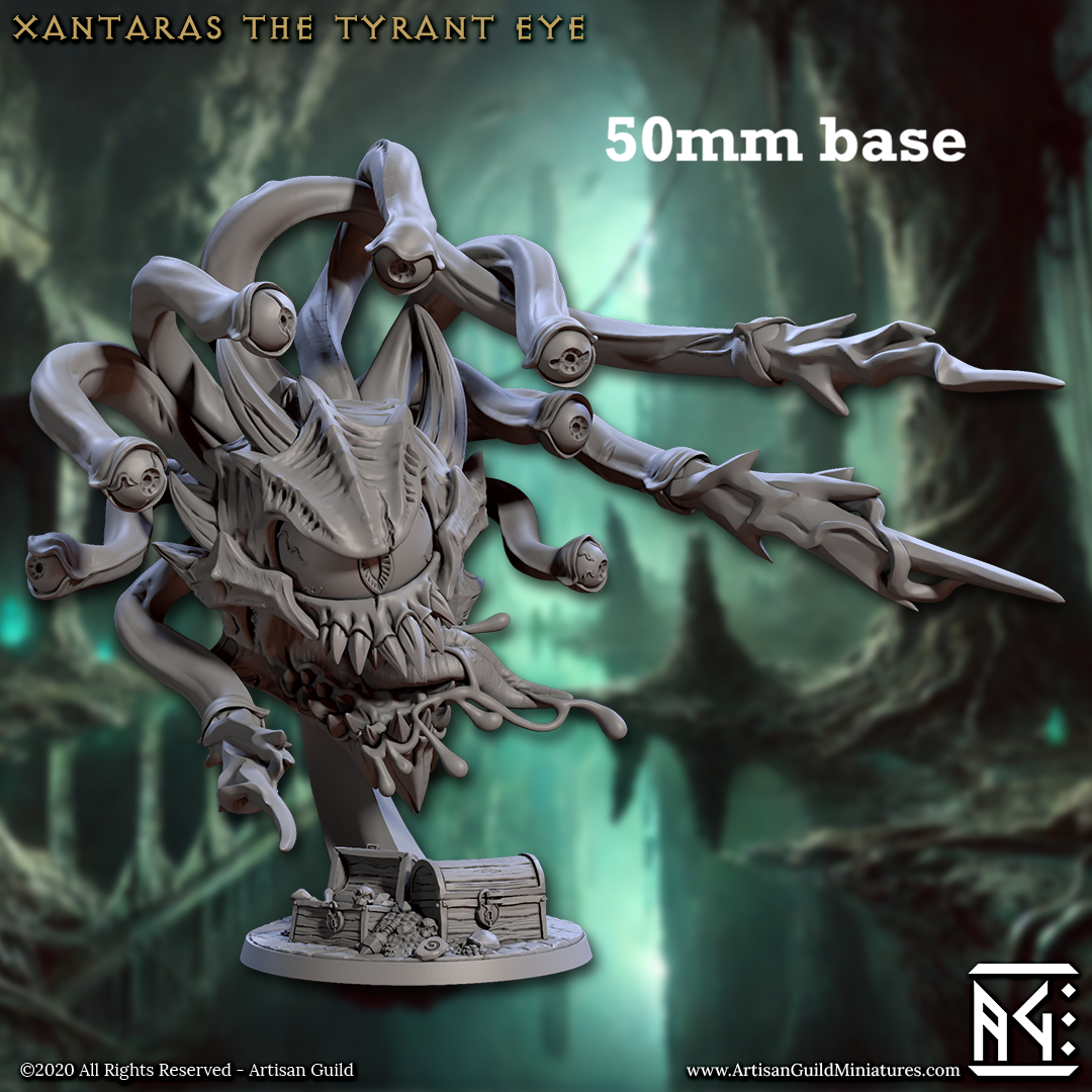 Image shows a 3D render of a beholder gaming miniature.