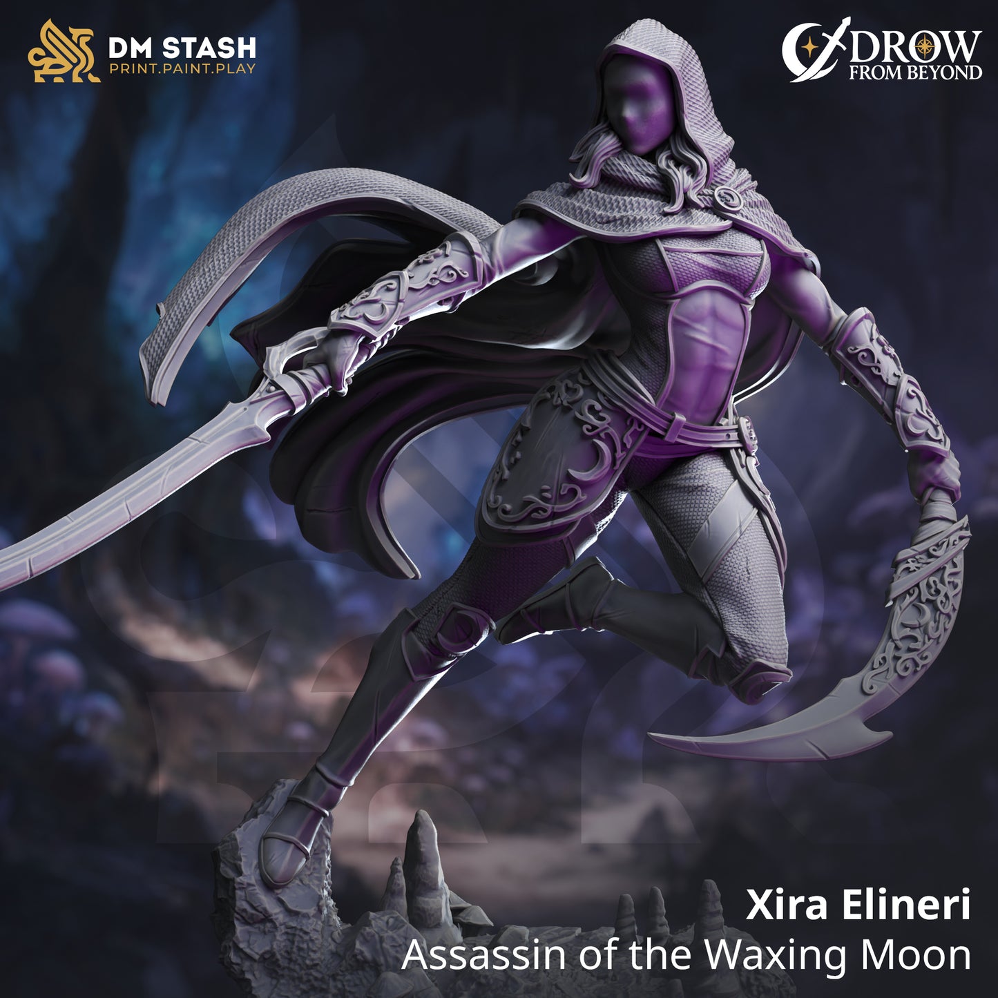 Image shows a 3D render of a drow assassin gaming miniature.