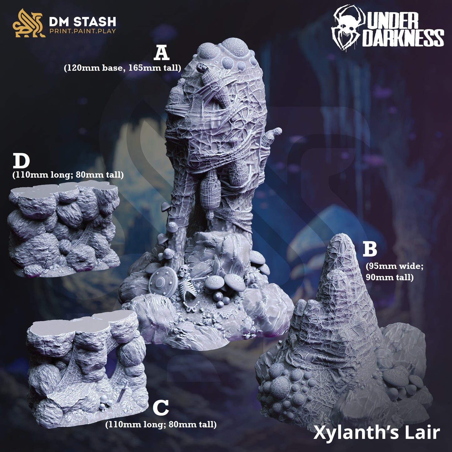 Image shows 3D renders for four different parts of gaming miniature terrain of a spider lair