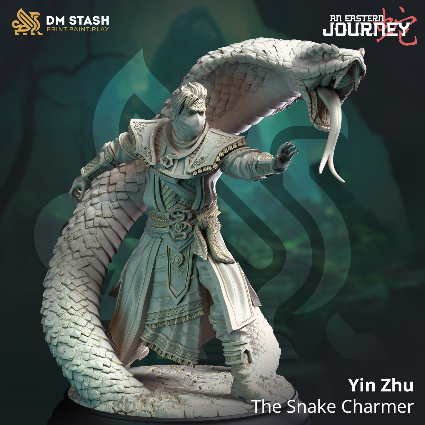 Image shows a 3D render of a pureblood yuan-ti beastmaster gaming miniature with a large snake coiled around him