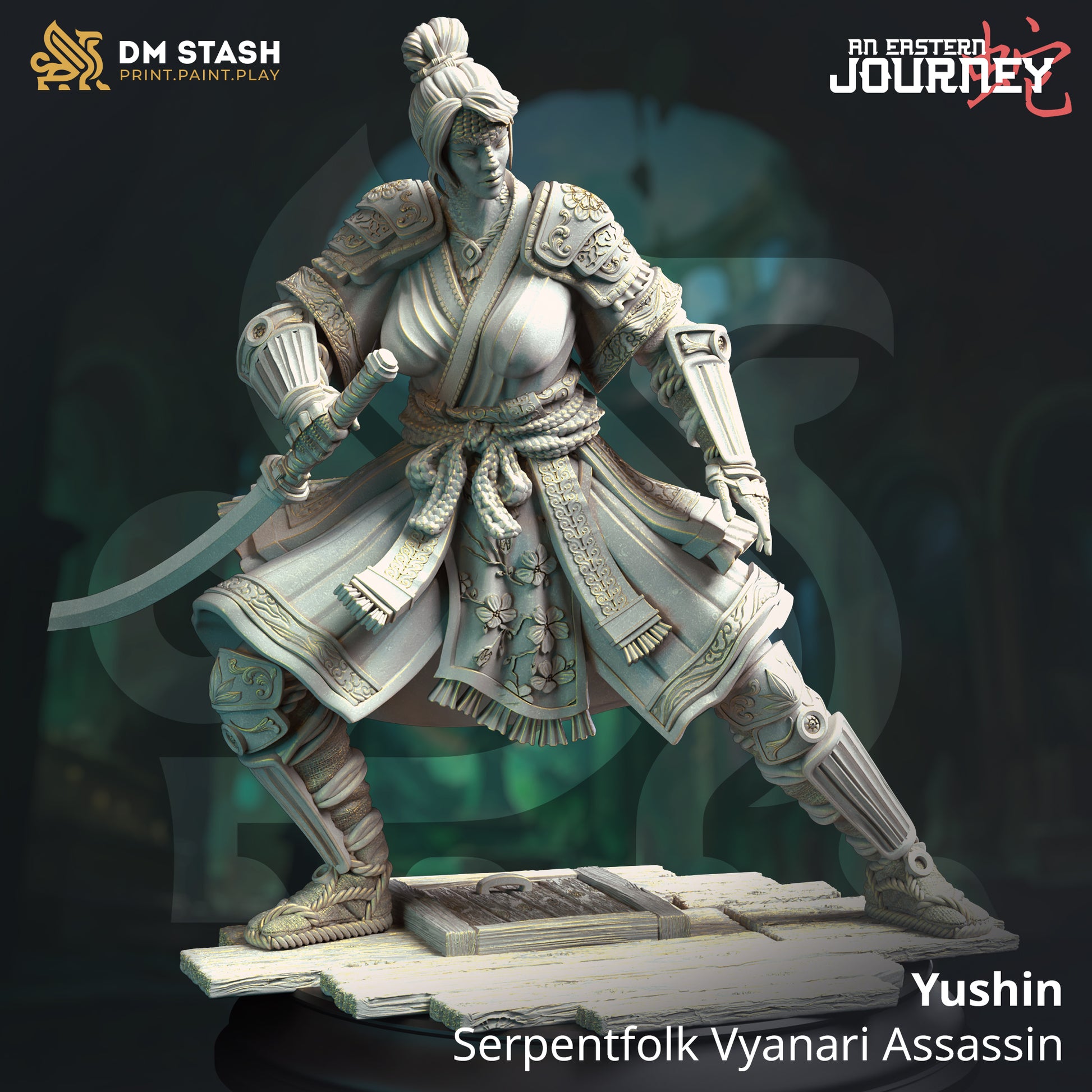 Image shows a 3D render of a pureblood yuan-ti assassin gaming miniature