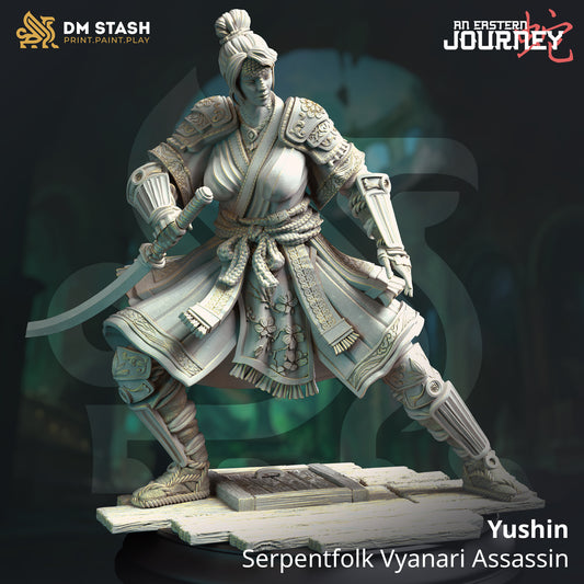 Image shows a 3D render of a pureblood yuan-ti assassin gaming miniature