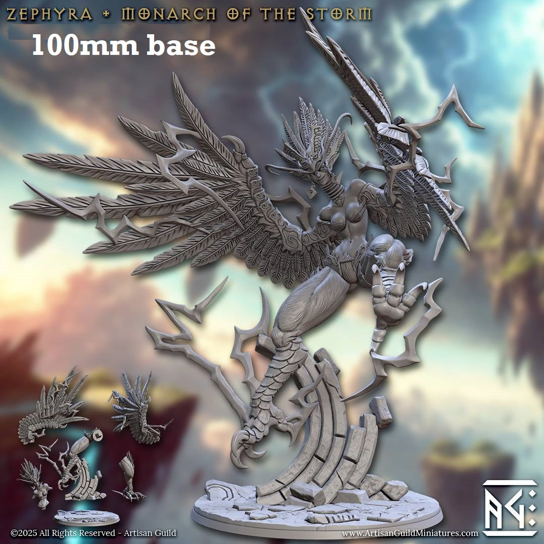 Image shows a 3D render of a huge harpy queen gaming miniature.