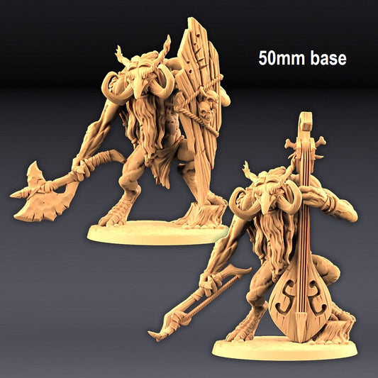 Image shows an 3D render of two different options for a troll gaming miniature, one with a cello and one holding an axe & shield