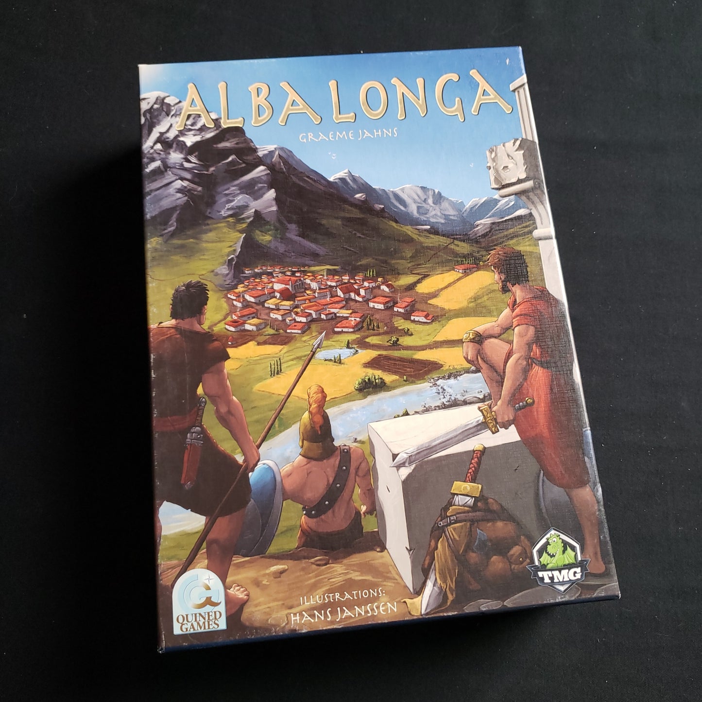 Image shows the front cover of the box of the Alba Longa board game