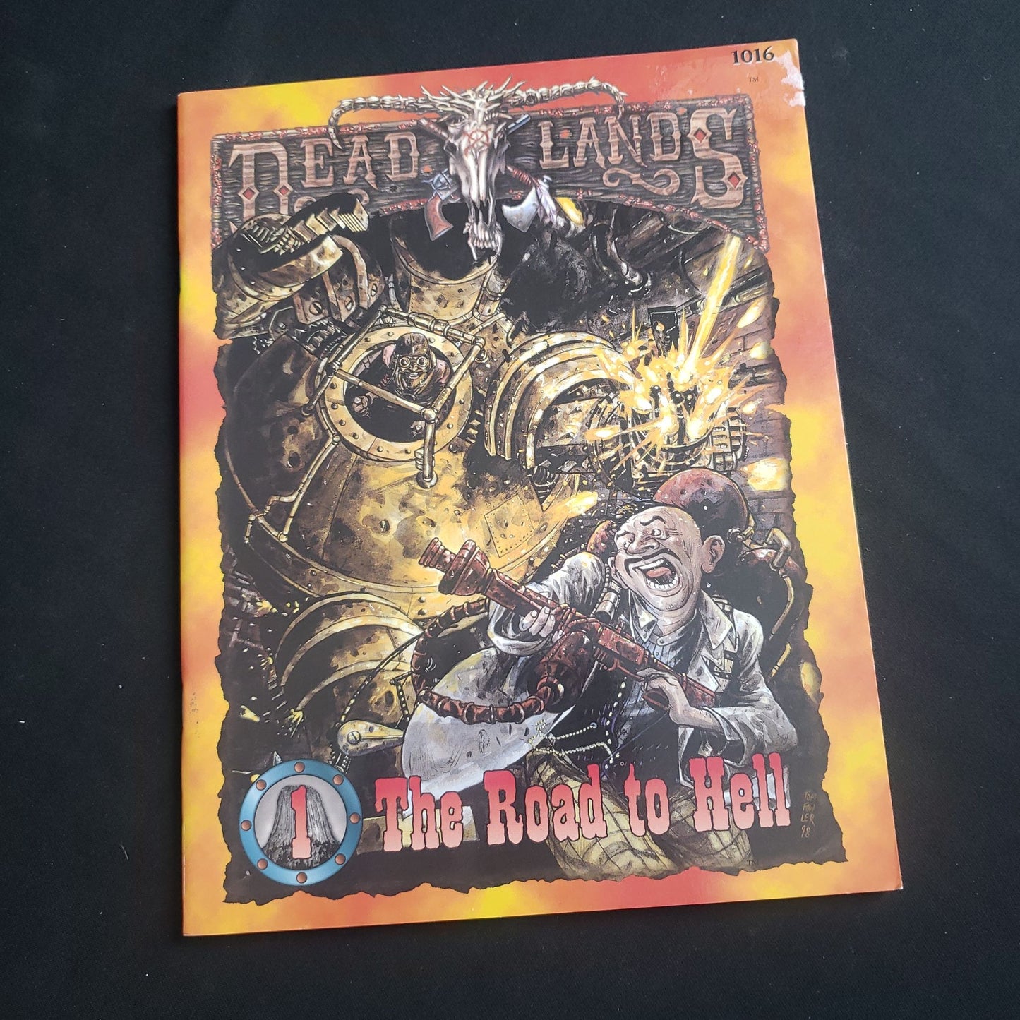 Image shows the front cover of The Road to Hell book for the Deadlands roleplaying game