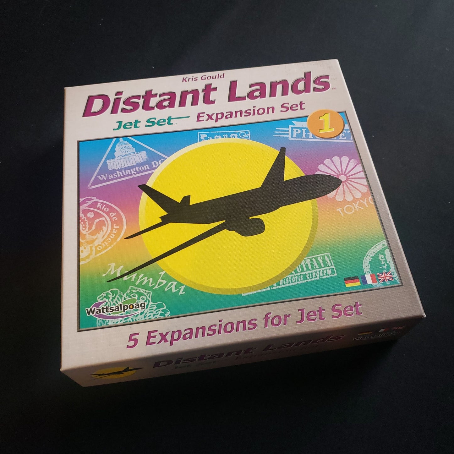 Image shows the front cover of the box of the Distant Lands expansion for the Jet Set board game