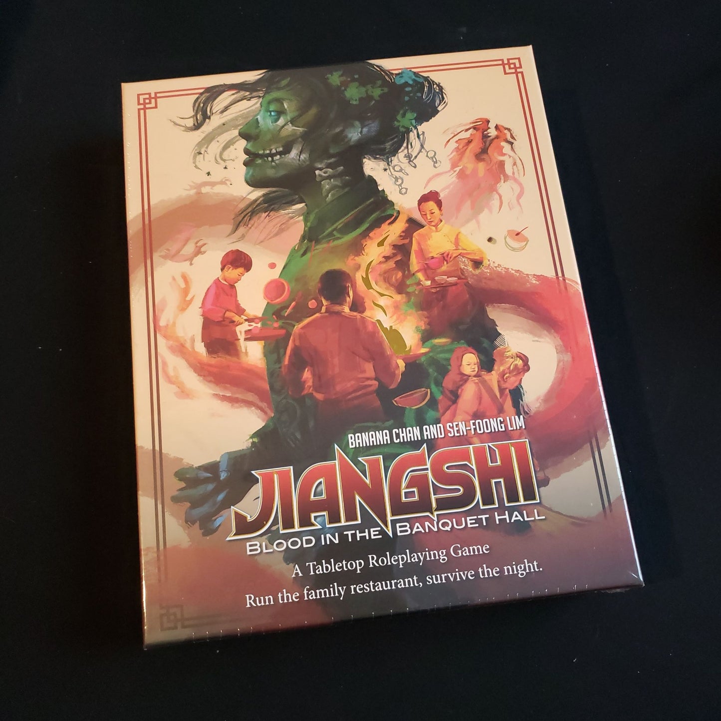 Image shows the front cover of the Jiangshi: Blood in the Banquet Hall roleplaying game box set