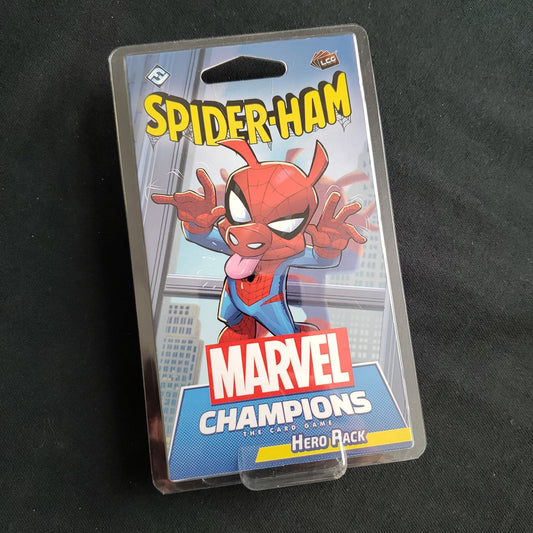 Image shows the front of the package for the Spider-Ham Hero Pack for the Marvel Champions card game