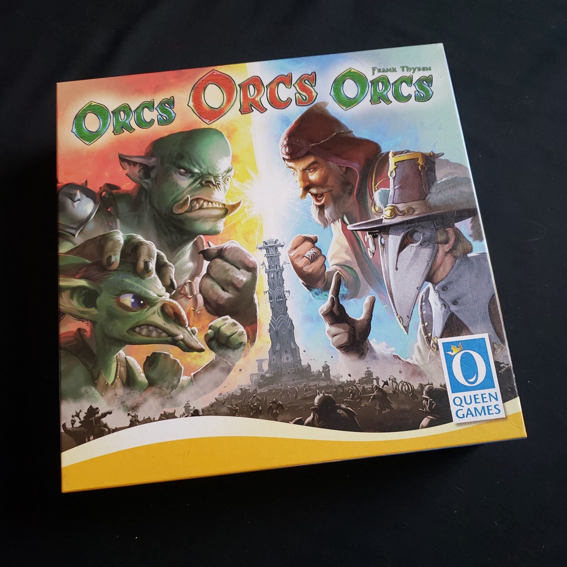 Image shows the front cover of the box of the Orcs Orcs Orcs board game