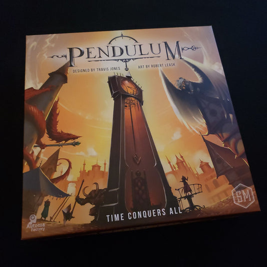 Image shows the front cover of the box of the Pendulum board game