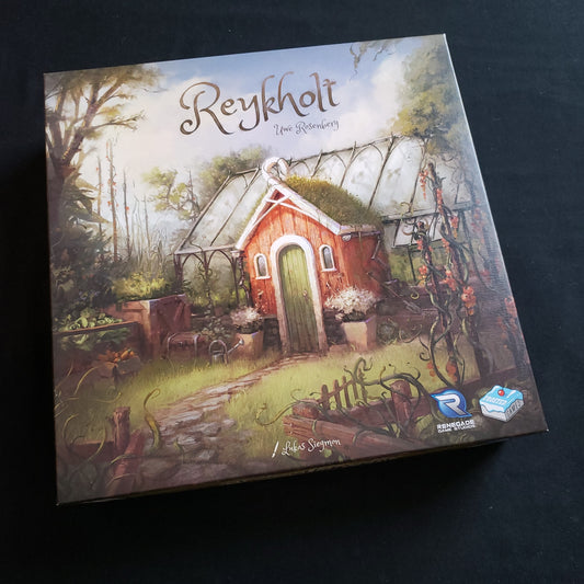 Image shows the front cover of the box of the Reykholt board game