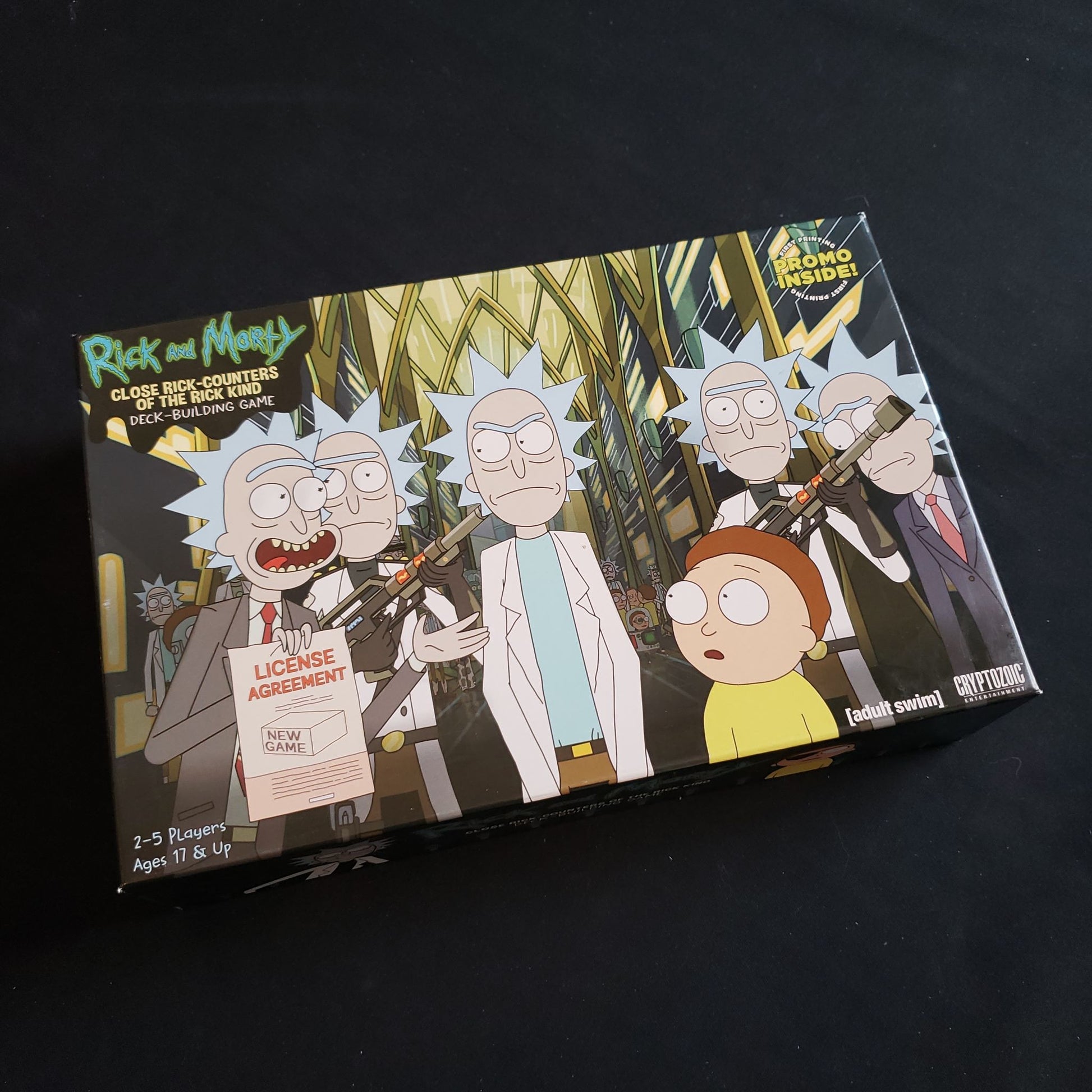 Image shows the front cover of the box of the Rick & Morty: Close Rick-counters of the Rick Kind Deckbuilding Game