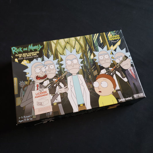 Image shows the front cover of the box of the Rick & Morty: Close Rick-counters of the Rick Kind Deckbuilding Game