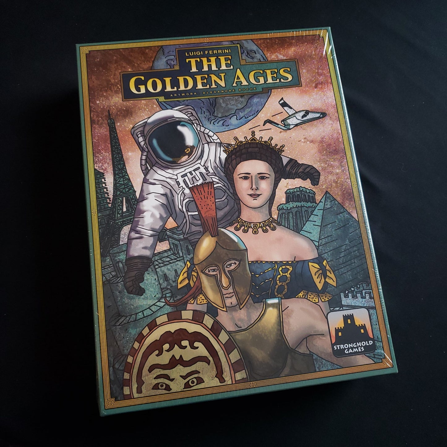 Image shows the front cover of the box of the Golden Ages board game