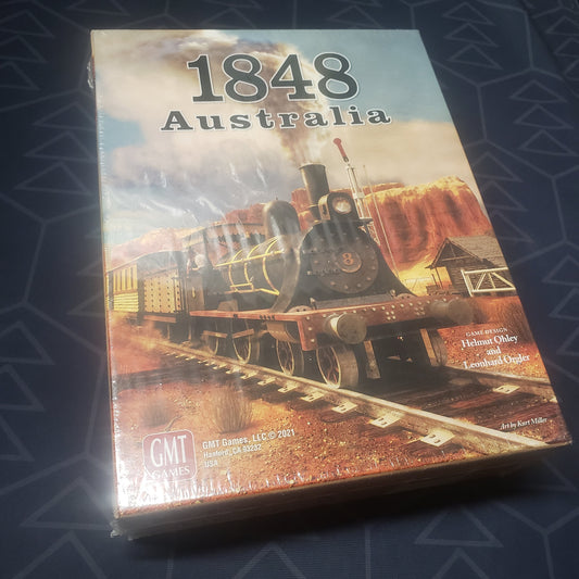 Image shows the front cover of the box for the 1848: Australia board game