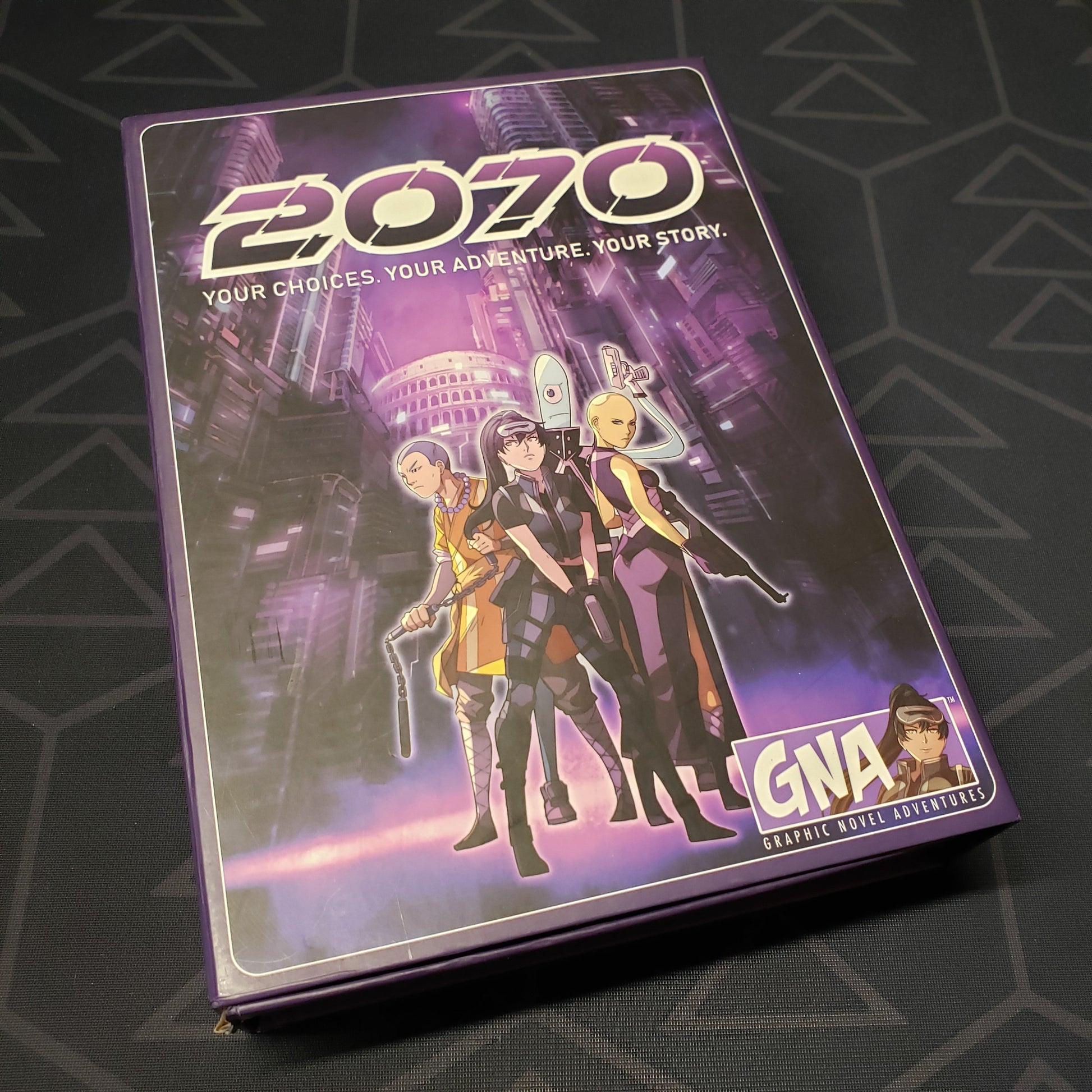 Image shows the front cover of the box for the 2070 storytelling game