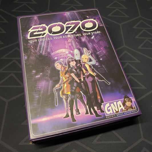 Image shows the front cover of the box for the 2070 storytelling game