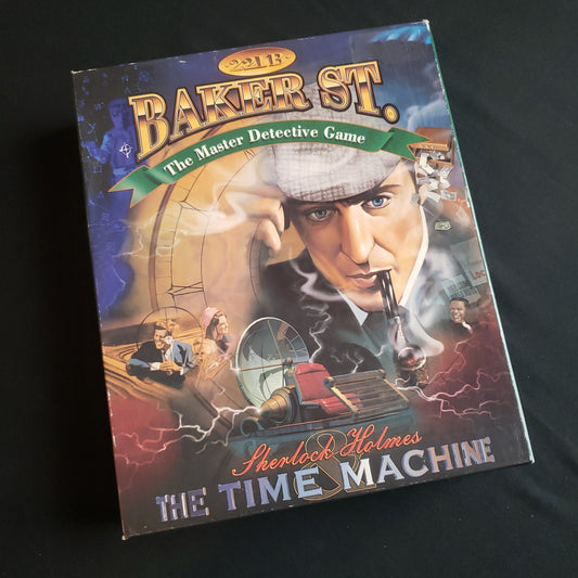 Image shows the front cover of the box of the board game 221B Baker St: Sherlock Holmes and the Time Machine