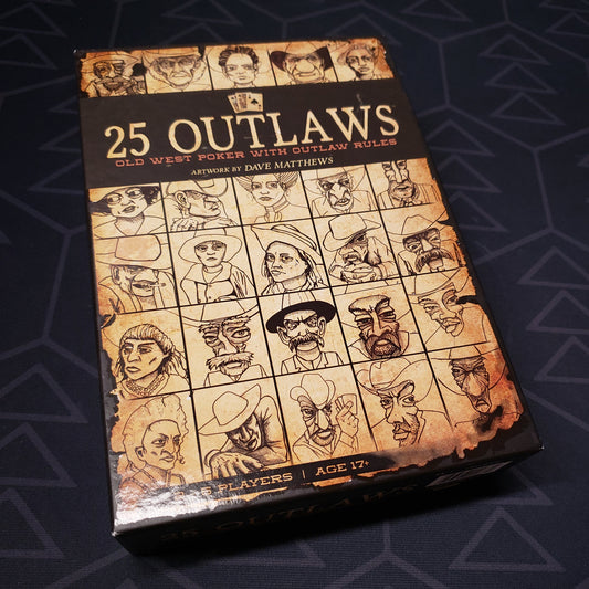 Image shows the front cover of the box of the 25 Outlaws card game