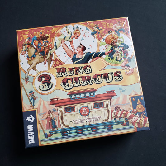 Image shows the front cover of the box of the 3 Ring Circus board game