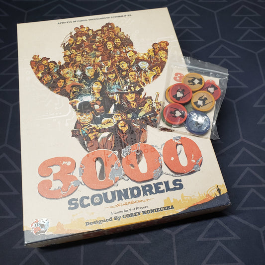 Image shows the front cover of the box of the 3000 Scoundrels board game with a package of promo poker chips on top