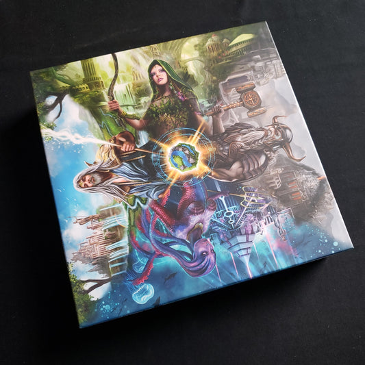 Image shows the front cover of the box of the 4 Gods board game
