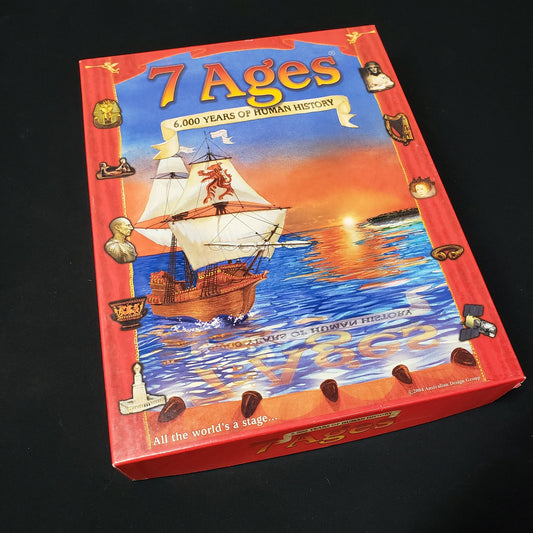 Image shows the front cover of the box of the 7 Ages board game