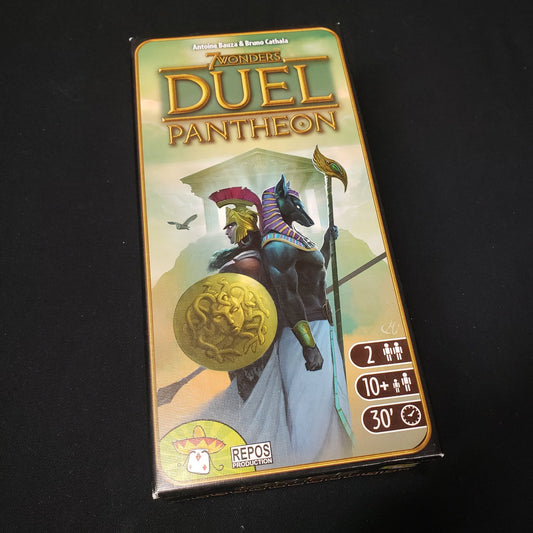Image shows the front cover of the box of the Pantheon expansion for the board game 7 Wonders Duel