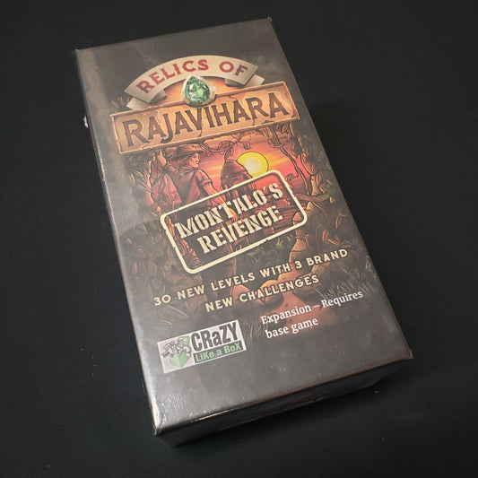 Image shows the front cover of the box of the Mantalo's Revenge expansion for the board game Relics of Rajavihara