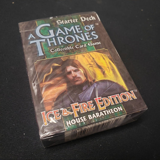 Image shows the front of the box of the House Baratheon Starter Deck for the Game of Thrones Collectible Card Game
